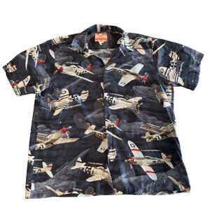 RJC Men’s Size XL Hawaiian Button-Down Shirt Blue Fighter Planes Short Sleeve
